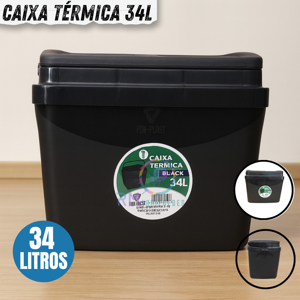 Caixa Térmica Cooler Resistente Porta Copos  Com Alça 34 Litros Black  Praia Camping
