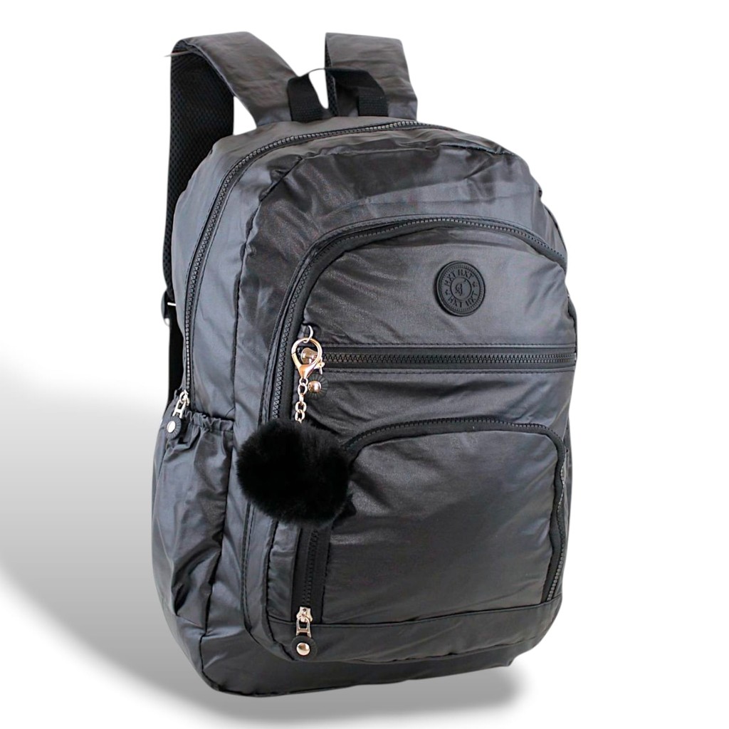 Mochila Feminina Preta Metalizada Chaveiro Pompom Reforçada Resistente á Água Escolar Viagem Passeio em Oferta na Shopee