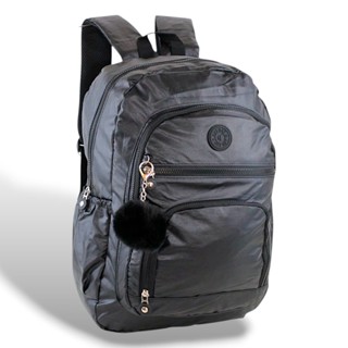 Mochila Feminina Preta Metalizada Chaveiro Pompom Reforçada Resistente á Água Escolar Viagem Passeio em Oferta na Shopee
