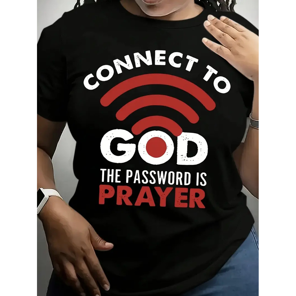 T-shirt gráfica para mulheres "Connect to GOD The Password Is PRAYER" - Preto com design vermelho e branco