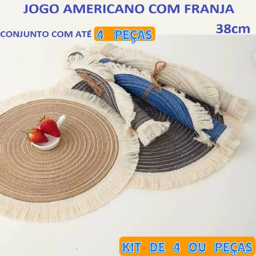 Conjunto De Jogo Americano de Algodão Kit 4 com Franja 38cm Descanso De Mesa Multicolorido