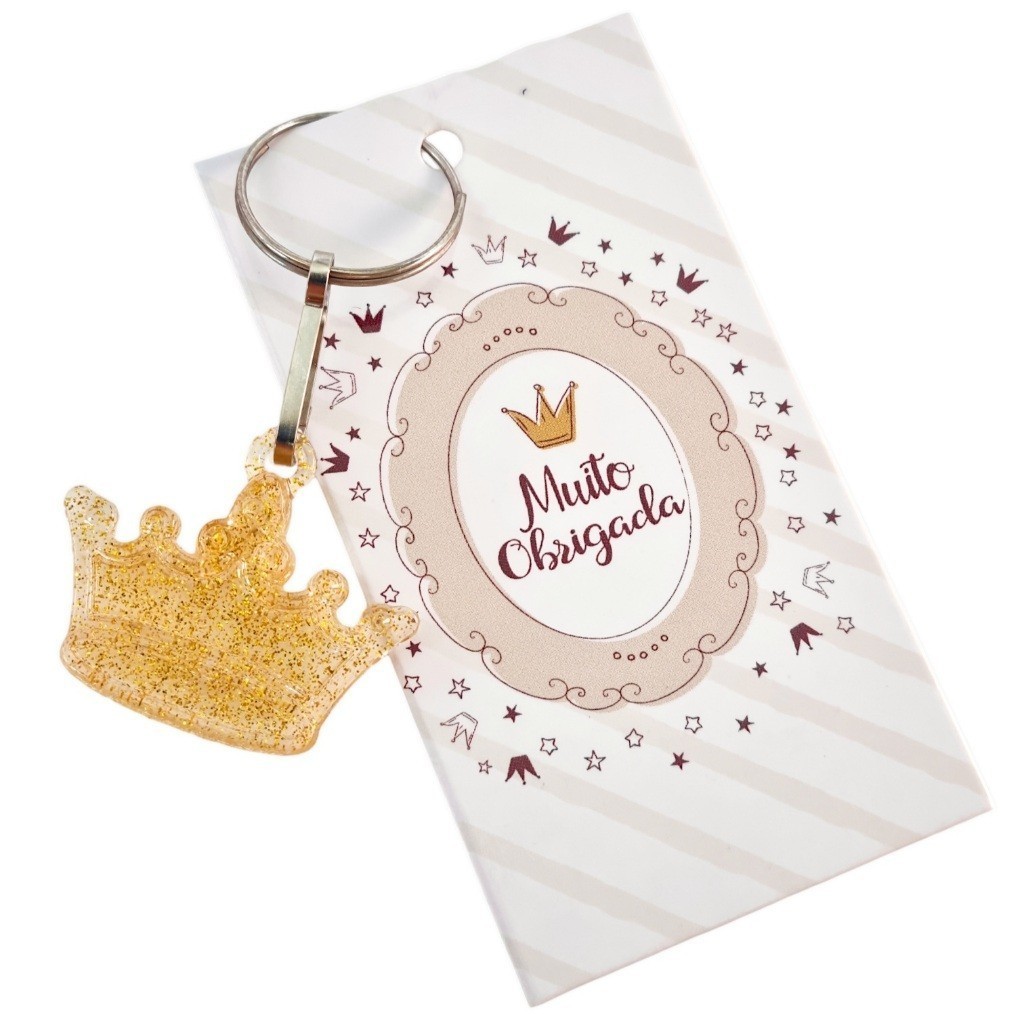 Kit 50 Chaveiro Coroa com Tag Lembrancinha Aniversário Princesa Rei Realeza Chá de Bebê Maternidade