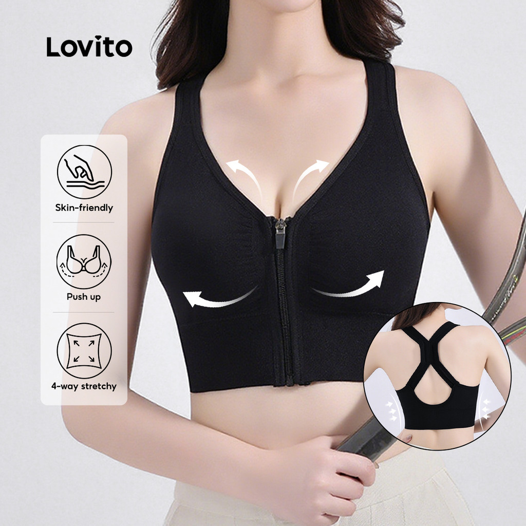 Lovito Sutiã esportivo Push Up reduz alças ajustáveis preto mulheres LNE116X006 em Oferta na Shopee