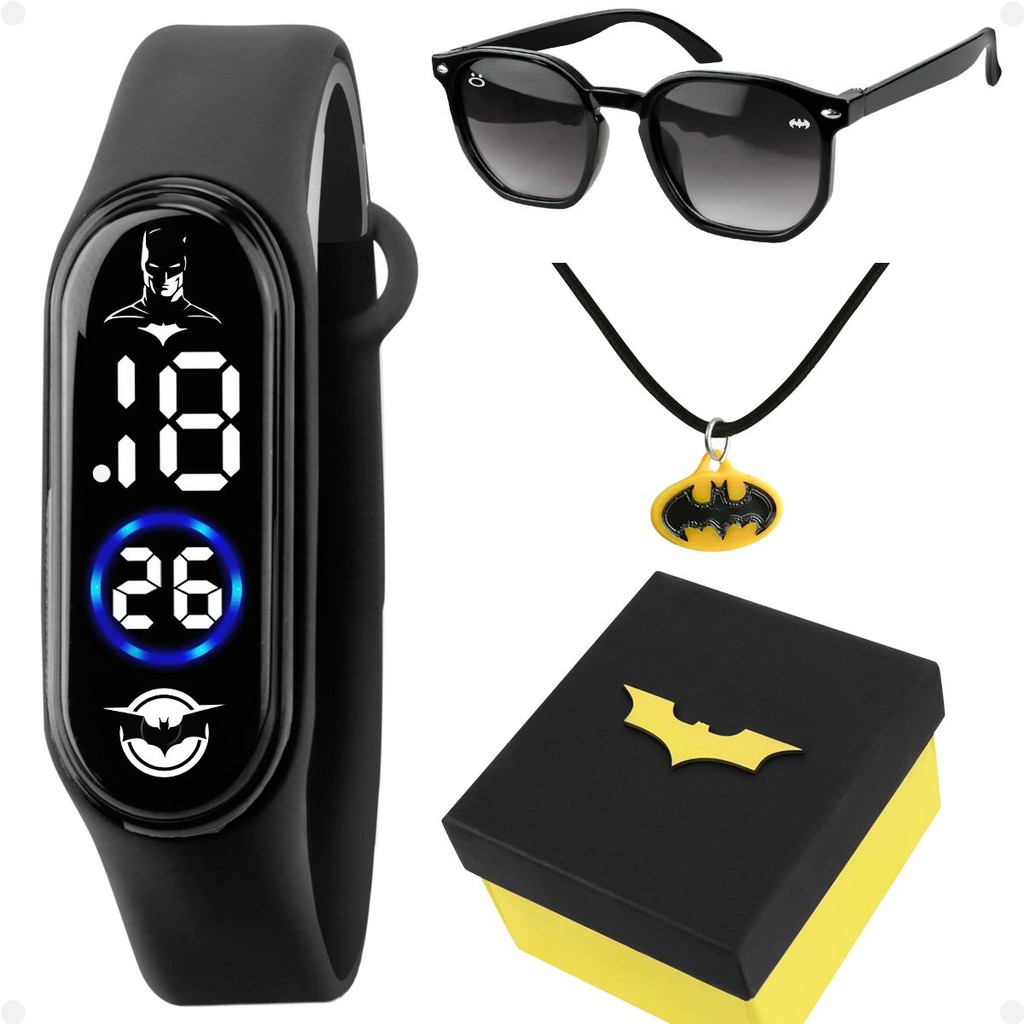 relogio digital infantil batman + oculos sol + colar + caixa kids presente esportivo prova dagua led