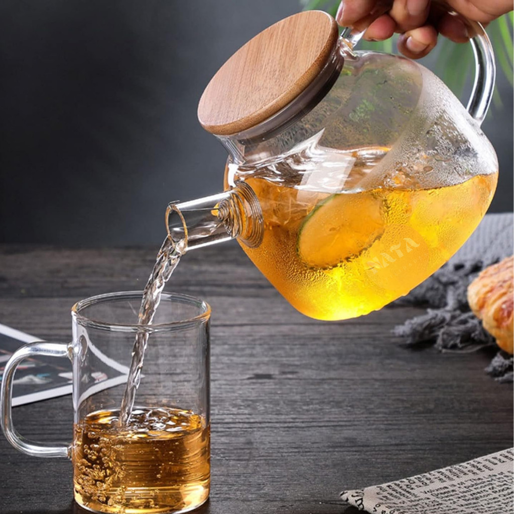 Chaleira de Vidro 1 Litro Tampa de Bambu Premium Borossilicato Resistente a Calor de ir Ao Fogo Bule com Filtro em Oferta na Shopee