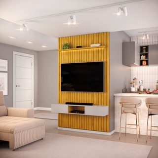 Painel com Bancada para TV até 60 Polegadas Ripado com LED DJ Móveis Trento 143 Cedro Bali em Oferta na Shopee