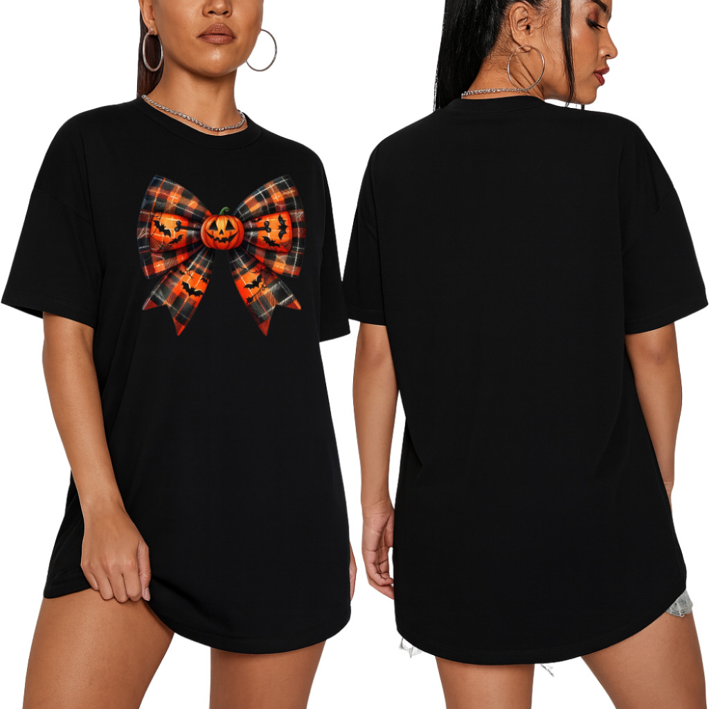 Camiseta Feminina Laço Halloween Lançamento Dias Das Bruxas Tecido 100% Algodão Camisa Unissex Manga Curta Gola Redonda