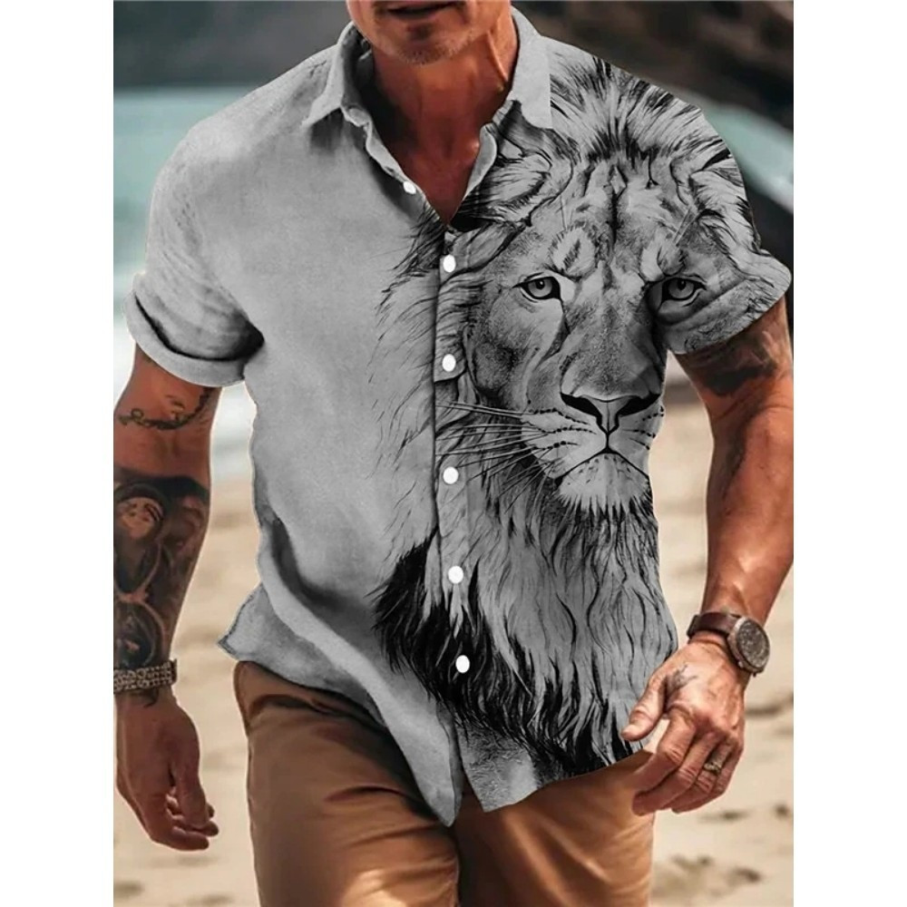 Verão Estilo Clássico Leão Flor Havaiana Masculino Social Retro Casual Fino Ajuste Vestido Camisa Blusa Floral Impressão