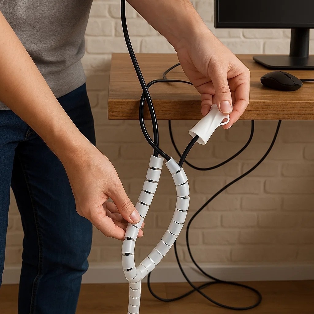 Organizador Cabos Passa Fios Espiral Enrola Esconde Computador Escritório Capa Branca Aplicador