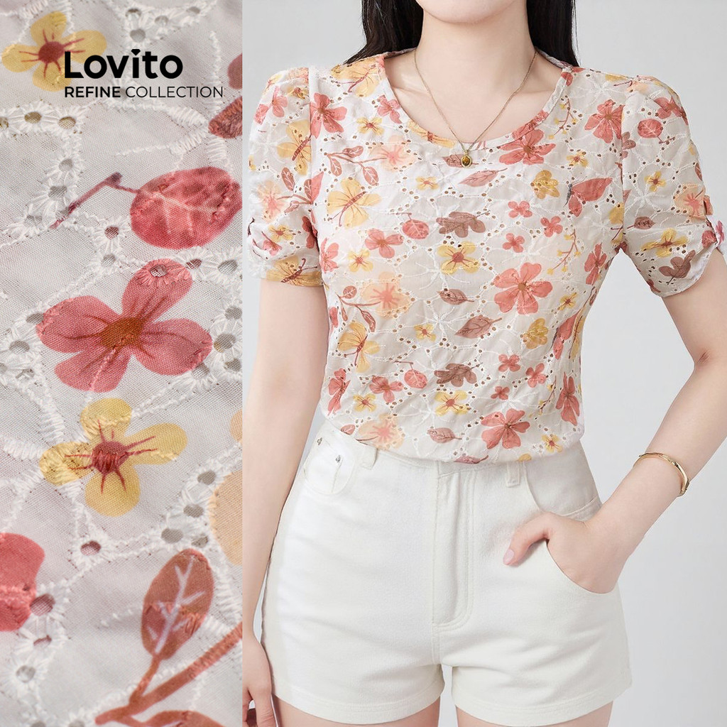 (NEW) (Refine by Lovito) Blusa Casual com Laço Bordado de Ilhós Primavera/verão Blusa multicolor LR21E203