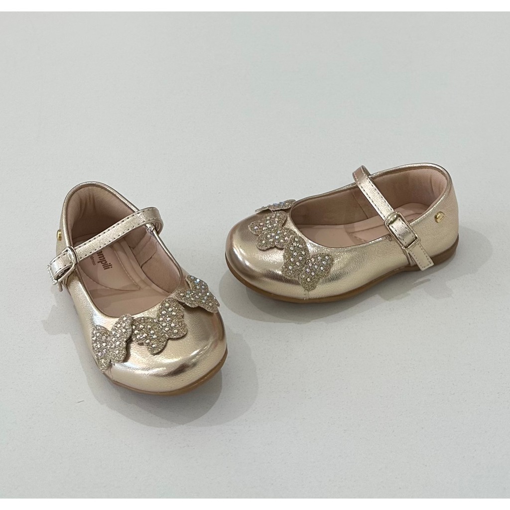 Sapatilha Infantil Pampili Menina Dourada Borboleta Strass Festa Conforto Elegante Moda Kids Princesa