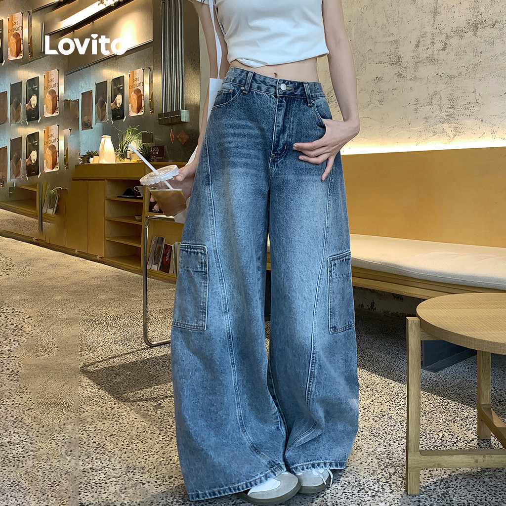 Detalhes do (NEW) Lovito Jeans Casuais com Bolso Edición Lavada Jeans Azuis para Mulheres Todas As Estações L156AD257