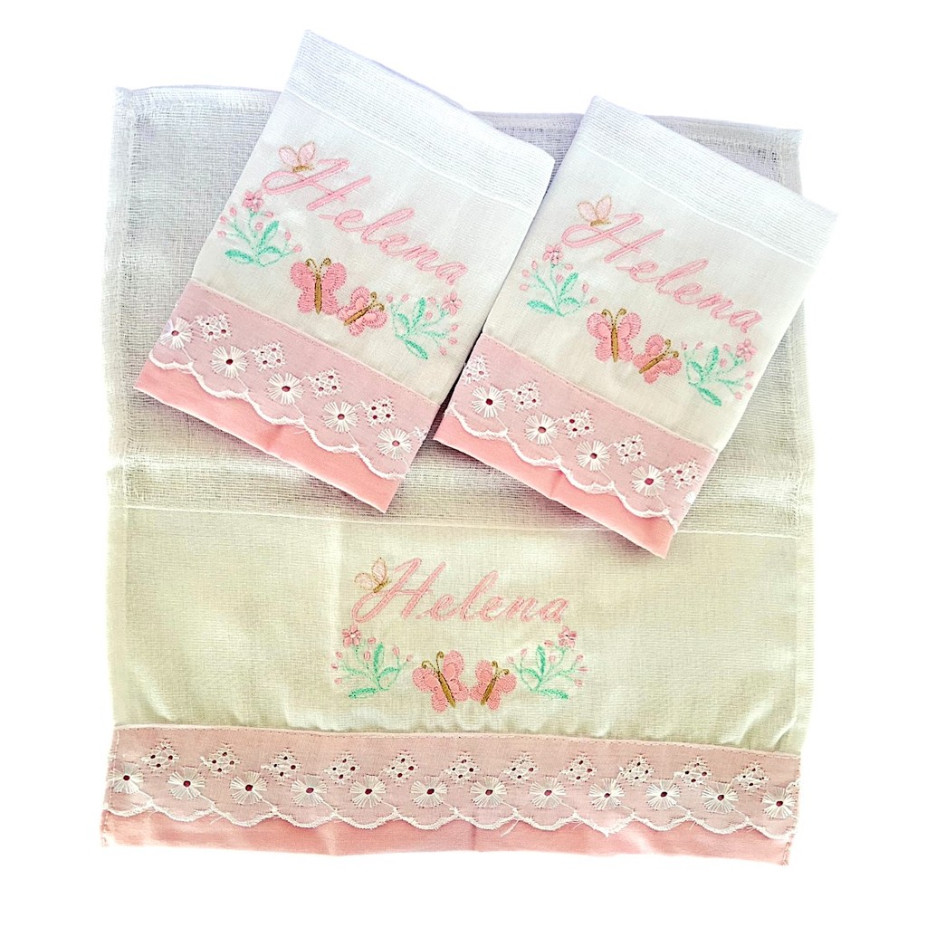 Kit 3 Peças Fralda Paninho de Boca Luxo Nome Bordado Personalizado para Bebê Infantil Menino Menina