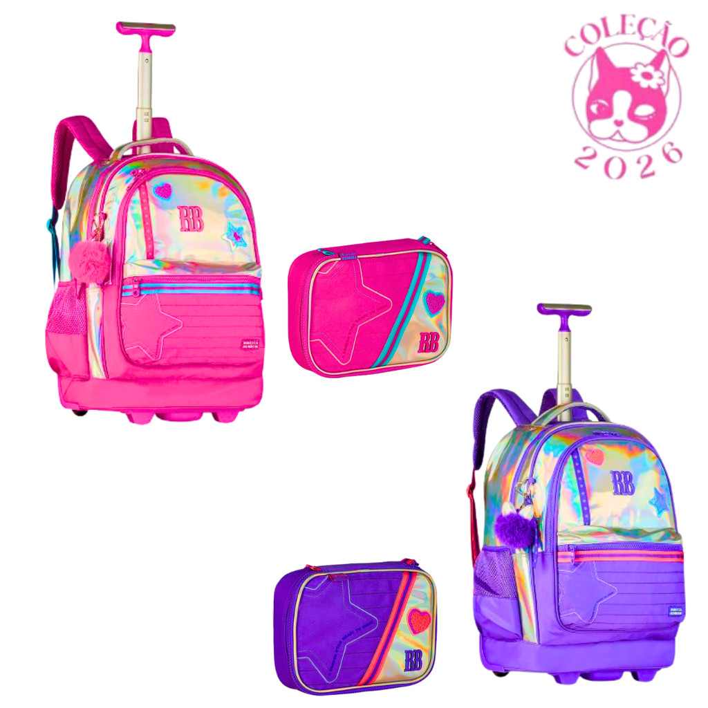 Kit Mochila de Rodinhas e Estojo Rebecca Bonbon Holo Shine em Oferta na Shopee