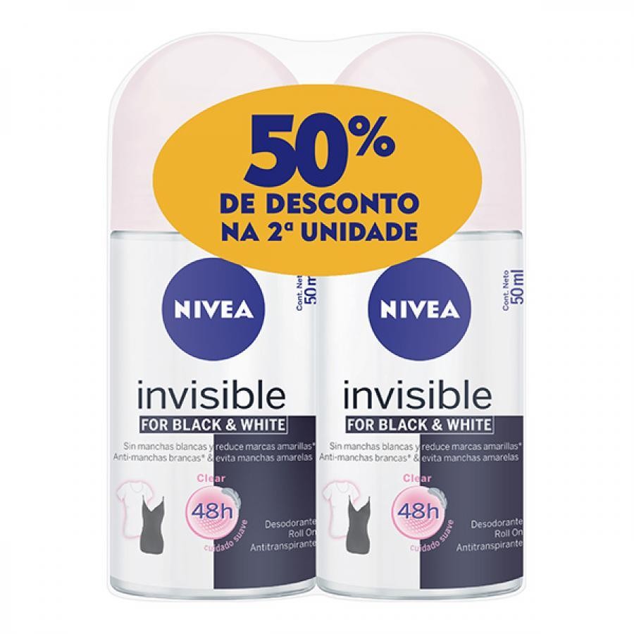 DESODORANTE NIVEA FEMININO ROLL ON BLACK E WHITE 2 UNIDADES DE 50ML em Oferta na Shopee