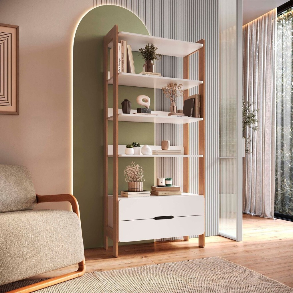 Estante com 2 Gavetas 100% Mdf Elvis Branco/Castanho