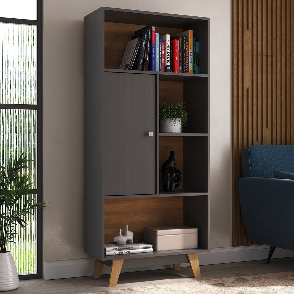 Estante para Livros 1 Porta 3 Prateleiras Pequim Grafite/Nogal