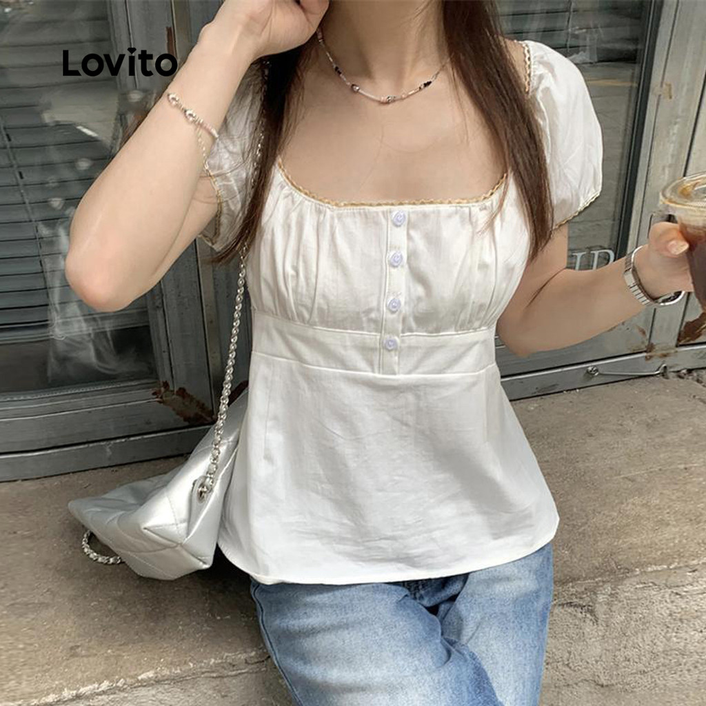 Lovito Blusa Casual Verão Botão Frente Renda Blusa Plissada Para Mulheres LNE38334 (Branco) em Oferta na Shopee