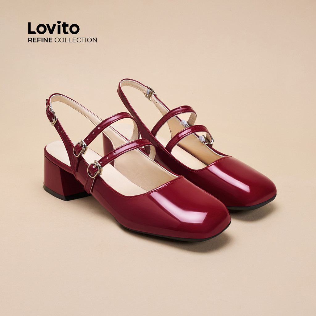 Detalhes do (Lovito Refine) Vintage liso francês borgonha Toe Cap sapatos vazios Mary Jane para mulher LFA74262