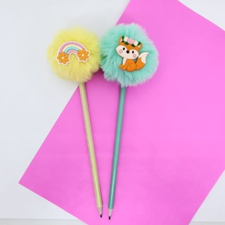 Kit com 02 Lápis pompom Raposa e arco iris papelaria lapis escrever material escolar caneta azul lembrancinha presente em Oferta na Shopee