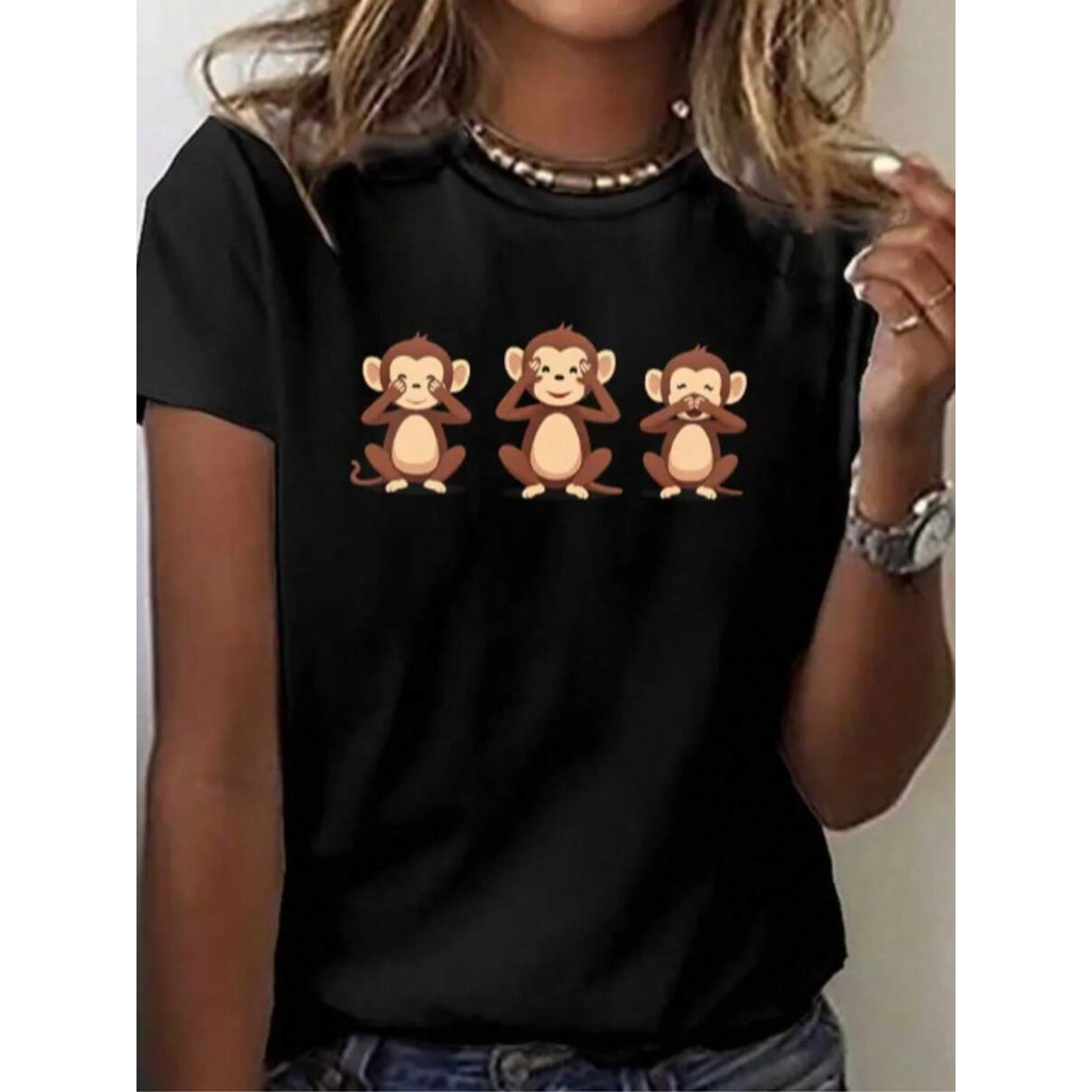 Camiseta Feminina de Gola Redonda Estampada com macacos Moda Feminina com Estampa de macacos, Camiseta Casual