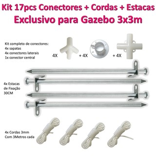Kit 17pçs 4 Espeques 9 Juntas 4 Cordinhas Reparo Armação Tenda Gazebo Barraca Camping Peças Completo