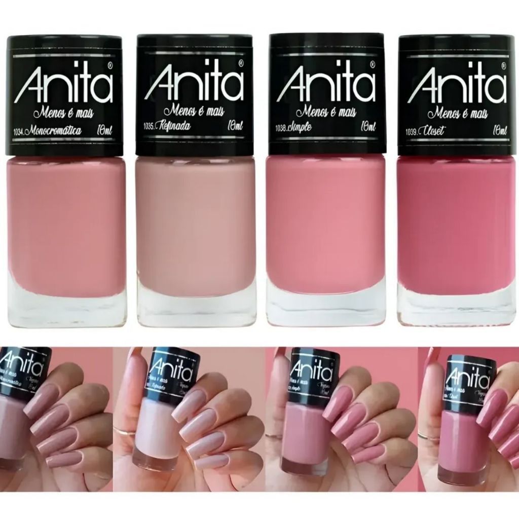 Kit Esmaltes Anita Coleção Menos É Mais - Vegano Tons de Nude e Rosa Manicure Pedicure 4 Cores