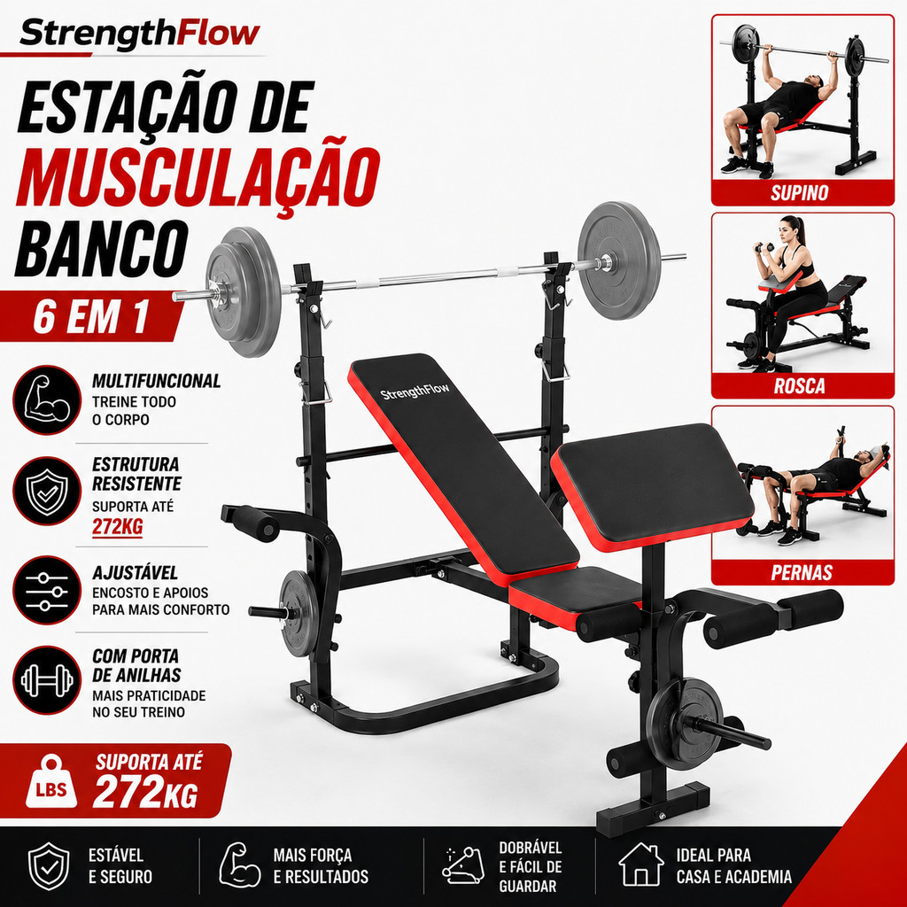 Strengthflow Estação de Musculação 6 em 1 Banco de Supino Ajustável para Treino em Casa