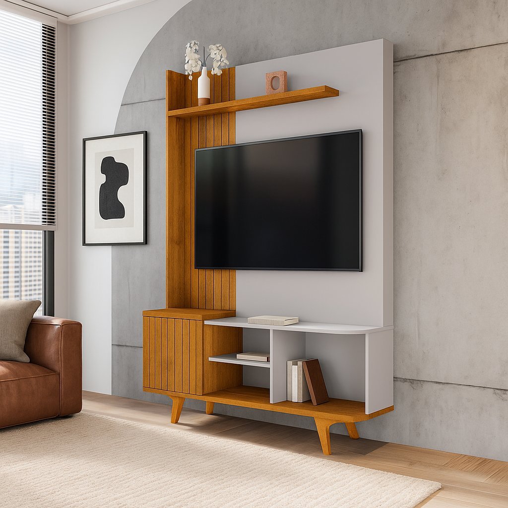 Estante para TV e Home Theater até 55 Polegadas 136CMX192,5cm Pés em Madeira Maciça Corumbaú Marrom Naturalle/Off