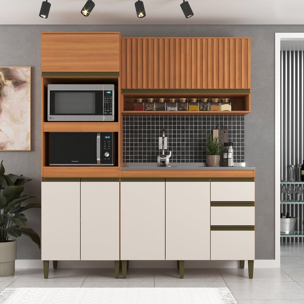 Cozinha Compacta Modulada 3 Peças com Torre Quente e Aéreo Ripado Cecília Marrom/Freijó/Off White Ripada