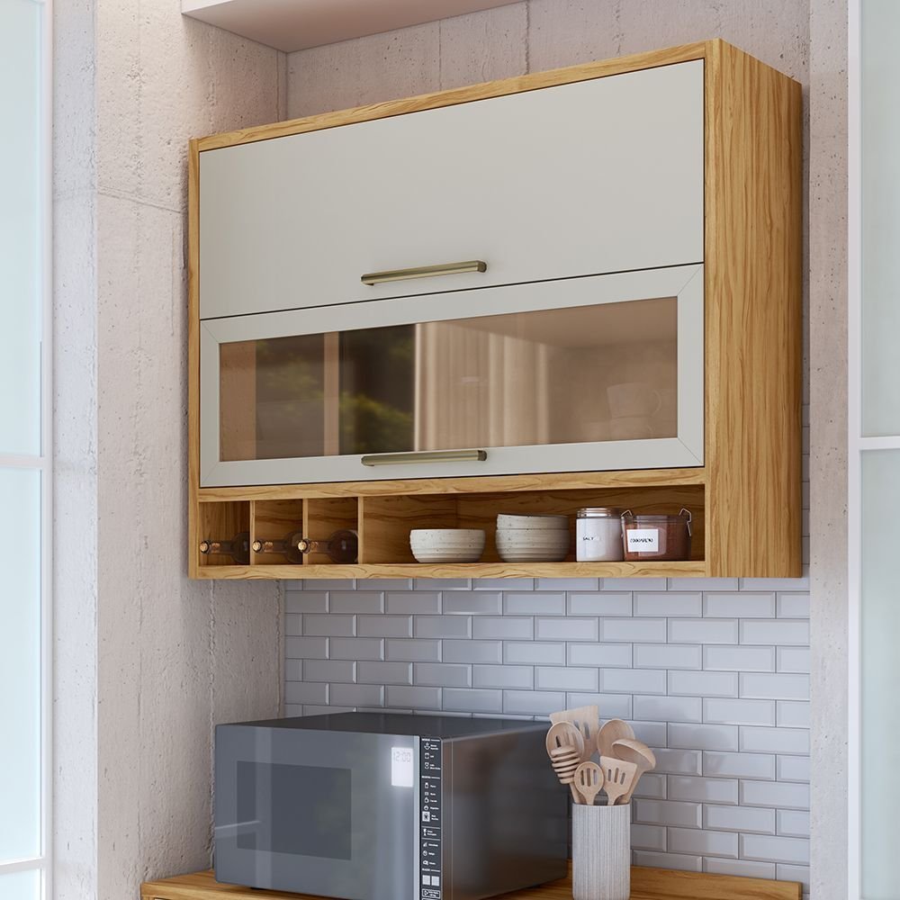 Armário Aéreo de Cozinha 120cm 2 Portas Basculantes Vidro Reflecta 100% MDF Vicenza Espresso Móveis Bege/Amêndoa/Off