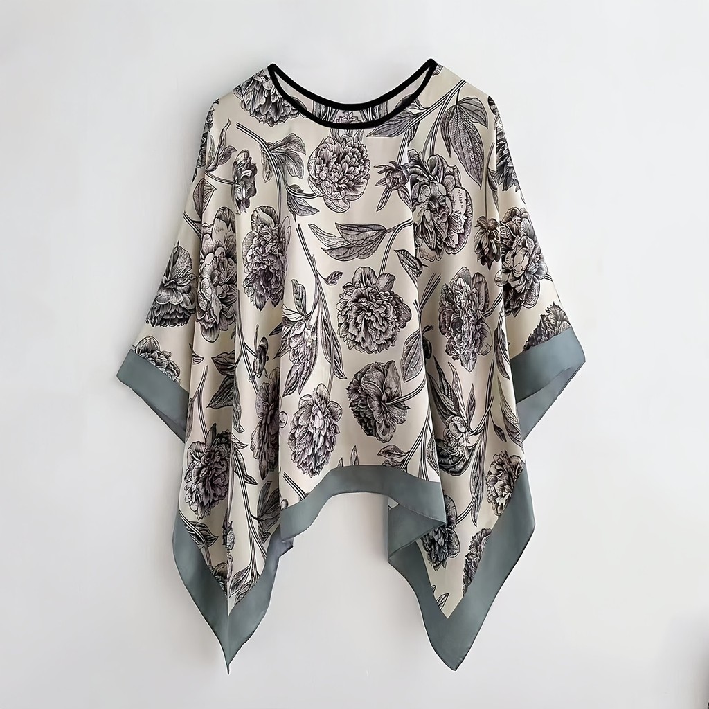 Xale feminino com estampa floral, estilo sedoso, xale boho, xale com padrão floral, elegante xale pullover com estampa f