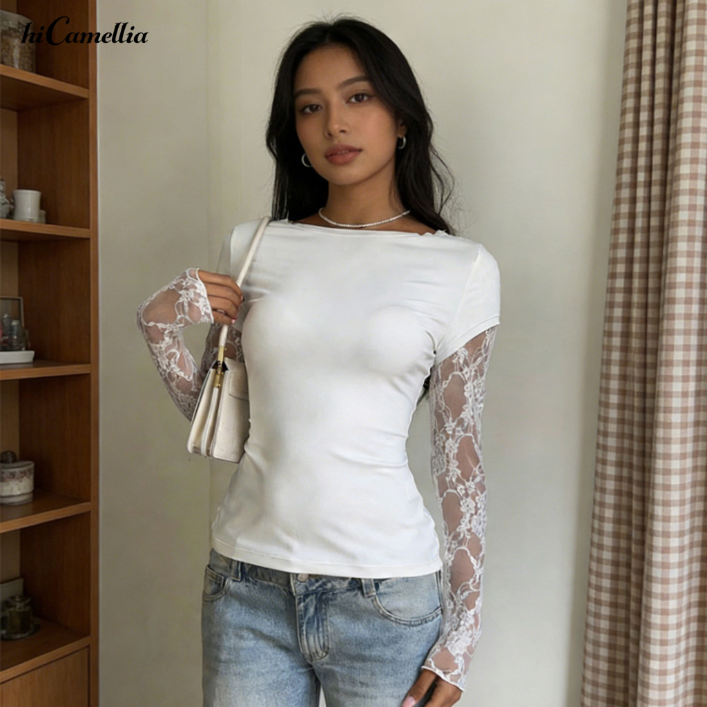 Women Shirt Soft Stretchy Long Sleeve Tee Women’s O-neck Lace Spliced Pullover Top – Fit Pure Color Blouse for Wear