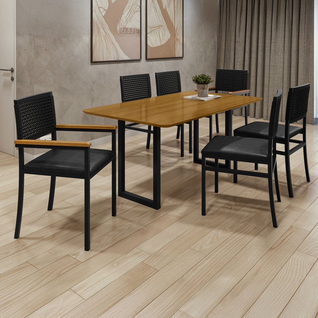 Conjunto Sala de Jantar Tubular 6 Lugares Retangular 160x90 Tampo Mdf Mesa Itália