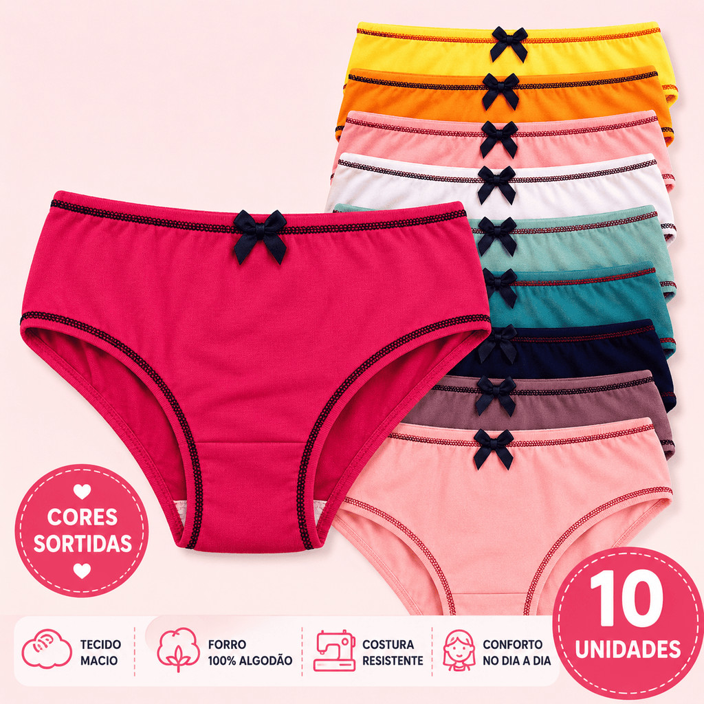 Kit com 10 Calcinhas Infantis Valdênia Kids LISAS/ESTAMPADAS   FORRO 100% DE ALGODÃO/SORTIDAS