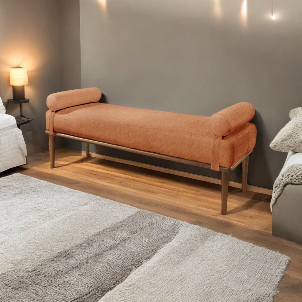 Recamier Puff Luxo Madeira Maciça Berlim Laranja Terracota Linho Terracota