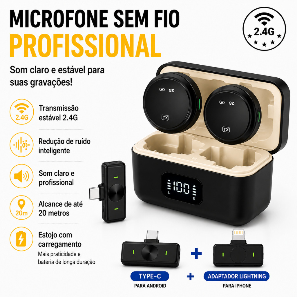 Microfone Lapela Sem Fio Duplo 2.4G Com Adaptador Para Android E IOS Lightning Redução de Ruído Estojo de Carregamento