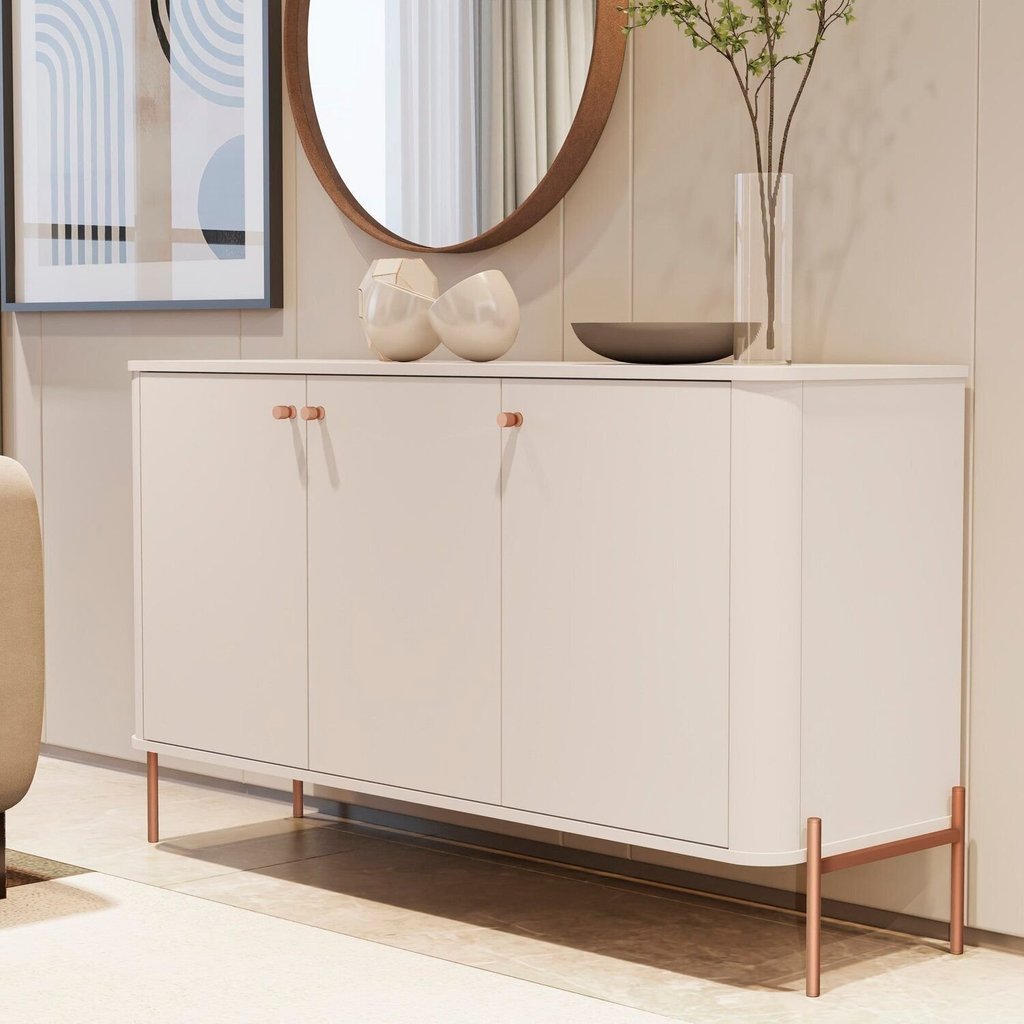 Buffet Aparador Curvo 3 Portas Pés e Puxadores em Metal 100% MDF 131cm Tucupí Off White Off White/Bronze