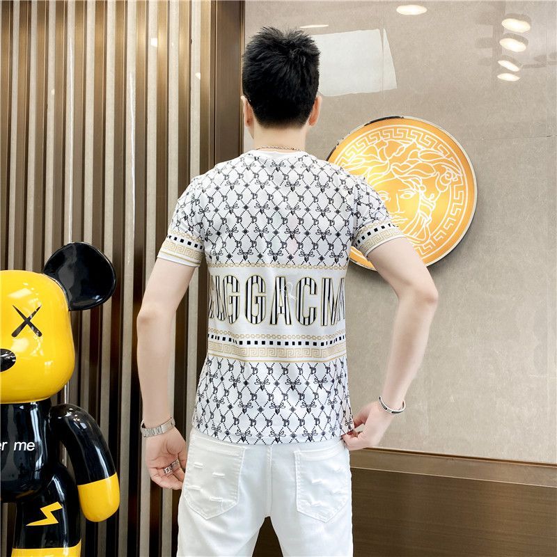 Estoque pronto Produtos europeus verão luz luxo Street Wear masculino fino ajuste impresso em torno do pescoço camisa de