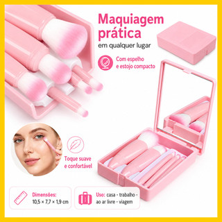 KIT de espelho de maquiagem lupa rosa portátil, design dobrável, equipado com pincel de maquiagem