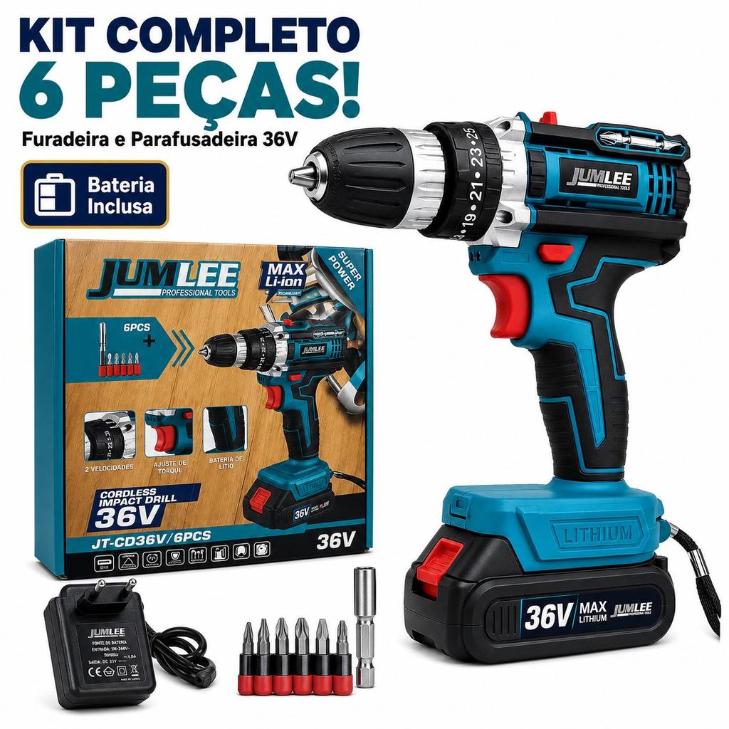 JUMLEE-Conjunto de 6 peças-Parafusadeira e Furadeira À Bateria 36v Sem Fio Bivolt Azul-celeste 50hz/60hz-Ferramentas e h