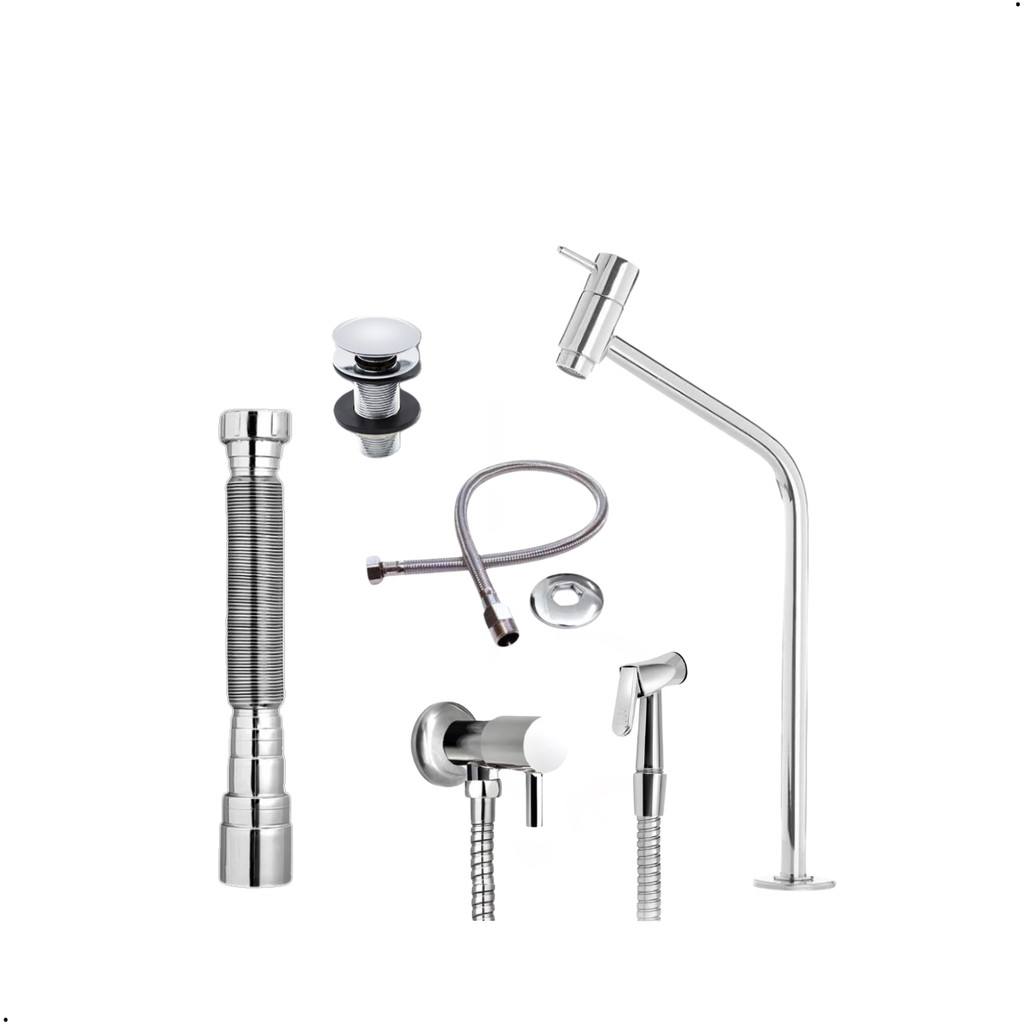 Kit Banheiro Torneira Alta com Ducha Higiénica em Metal, Engate, Sifão e Válvula Click Cromado