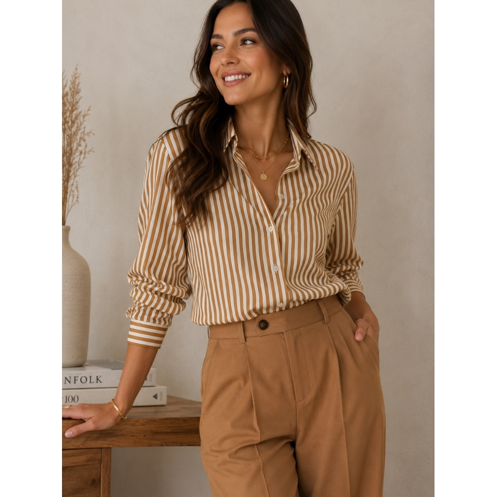 Camisa Social Manga Longa Feminina Crepinho Listrado Tendencia Casual Elegânte Trabalho Social