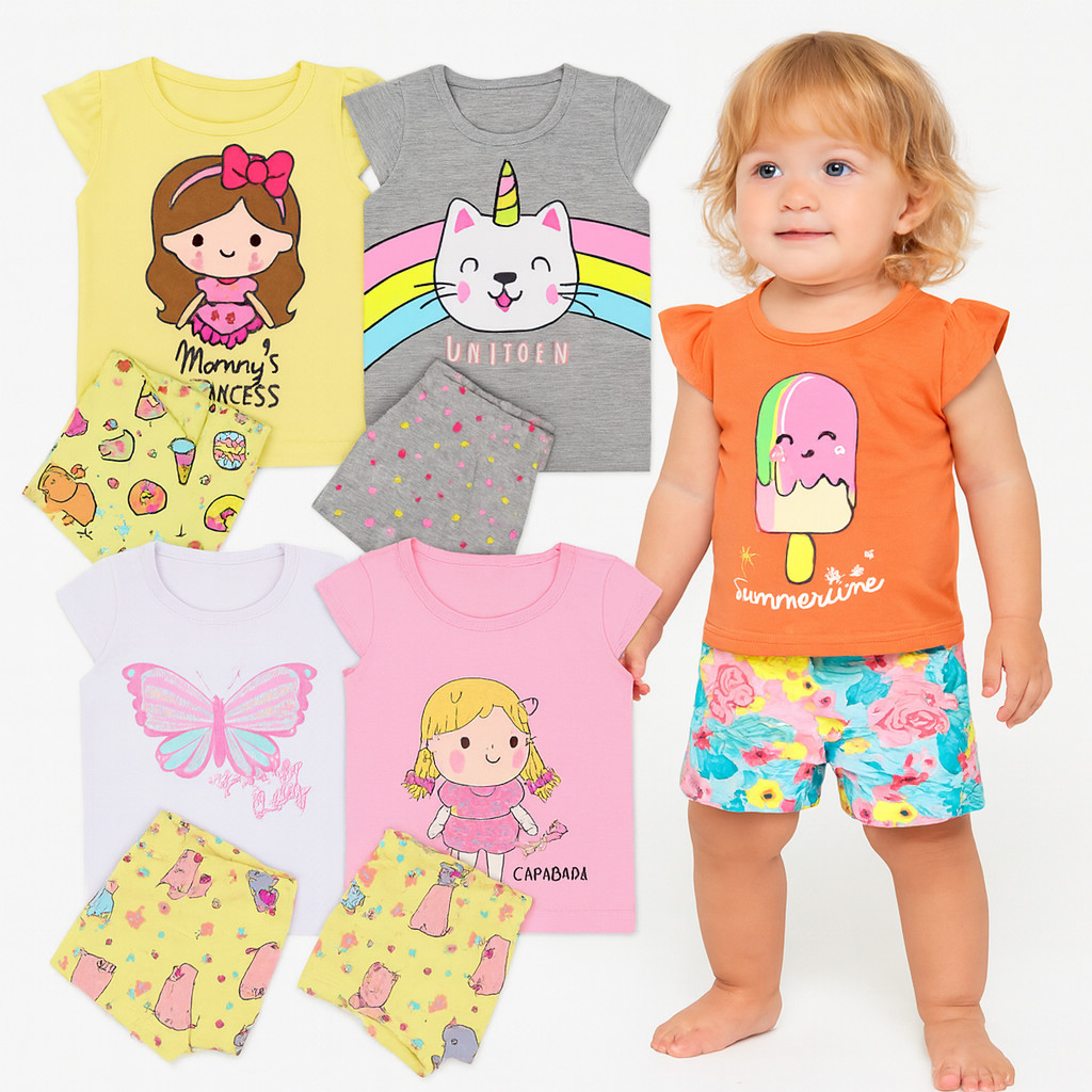 Kit 6 Peças de Roupas Infantil Menina -Kit com 3 Conjuntos SORTIDOS Feminino - (3 Camisetas + 3 Shorts = 6 peças)
