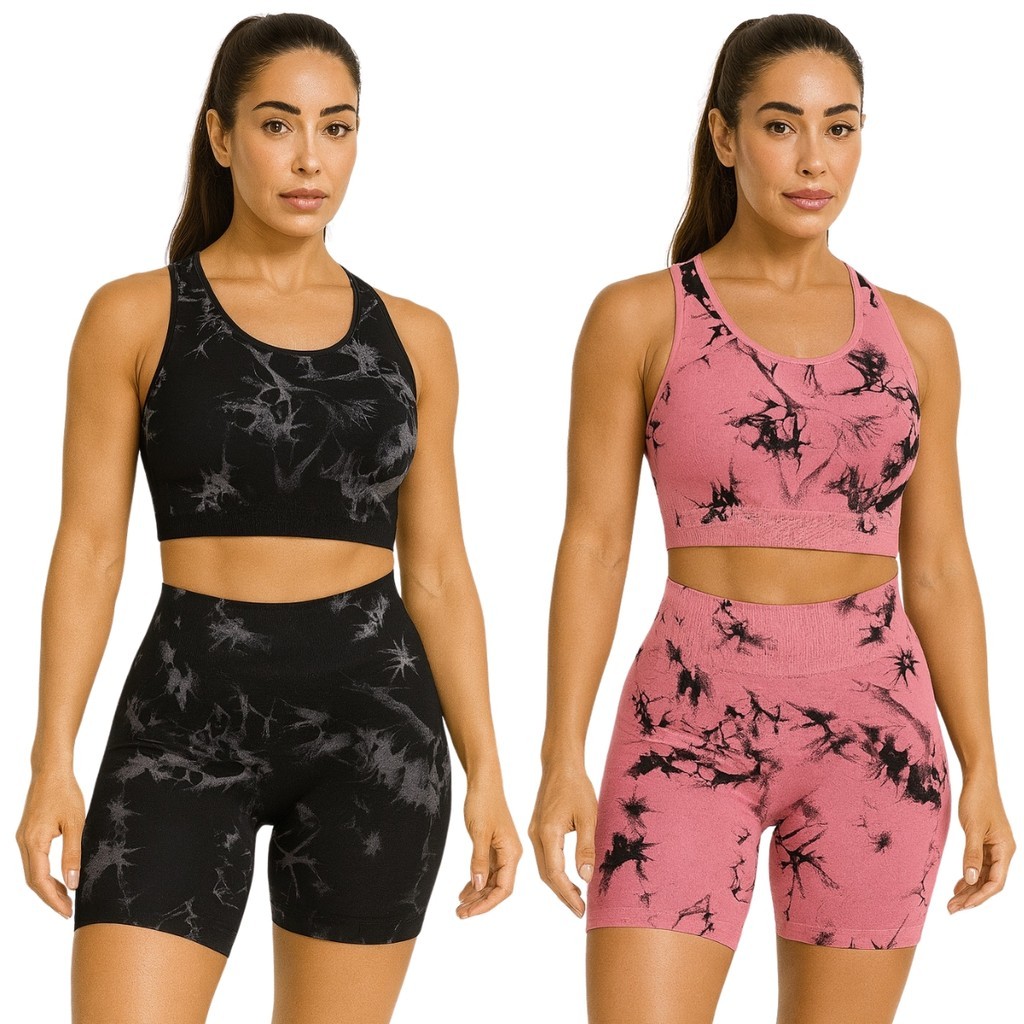 Kit 3 Conjuntos TOP e SHORTS Legging Tie-Dye Levanta Bumbum Cintura Alta Fitness Academia