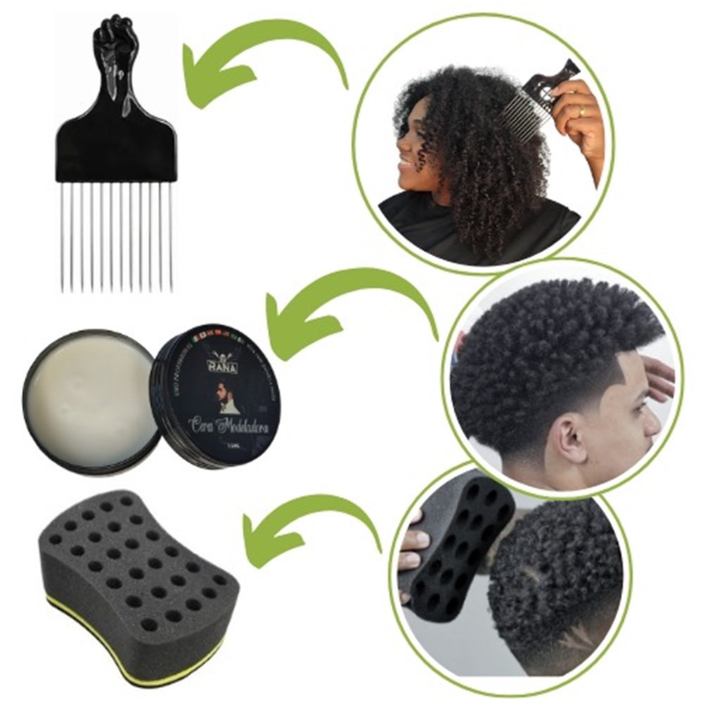 Kit Esponja Nudred 1 Lado M, Cera modeladora Efeito Teia e Pente Garfo M para Cabelos Black Power