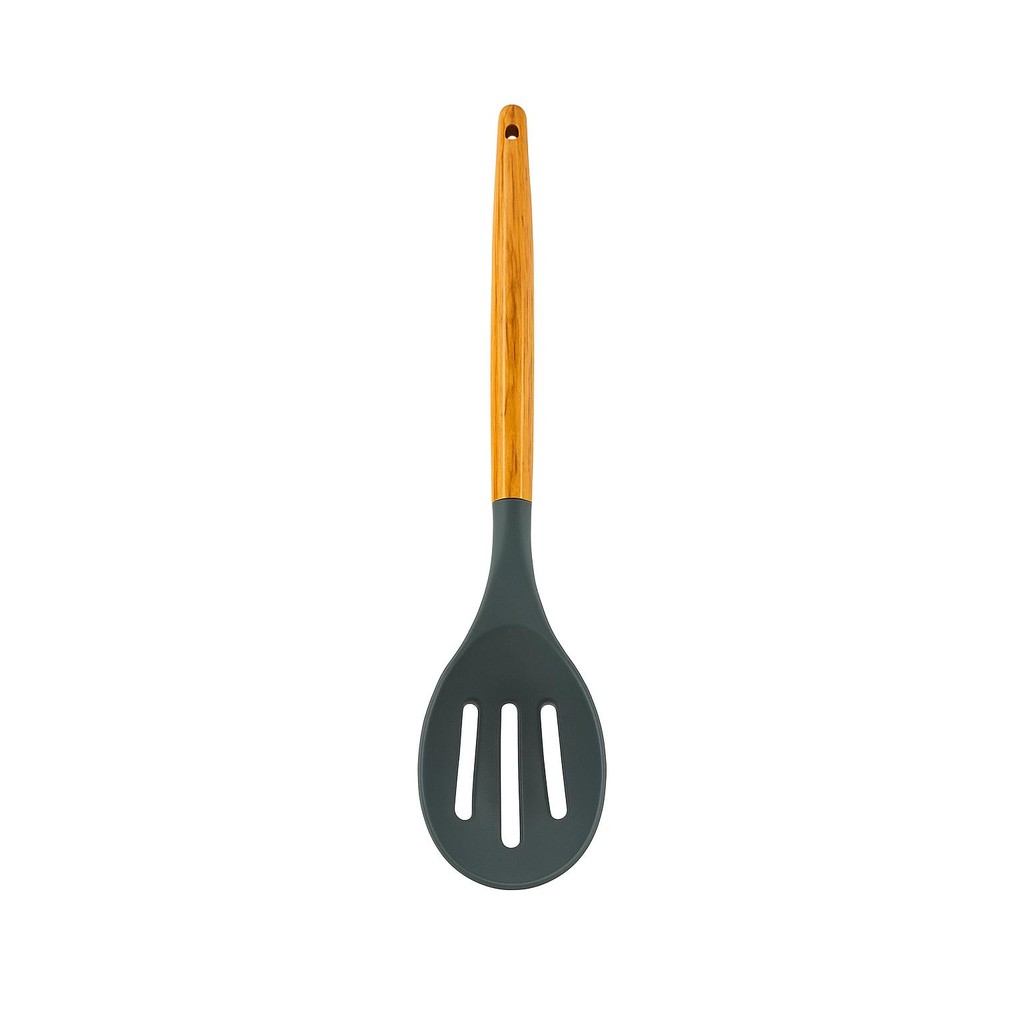 Colher Silicone Vazada com Cabo de Madeira Cinza Mexer Cozinha Utensilios Anti Aderente