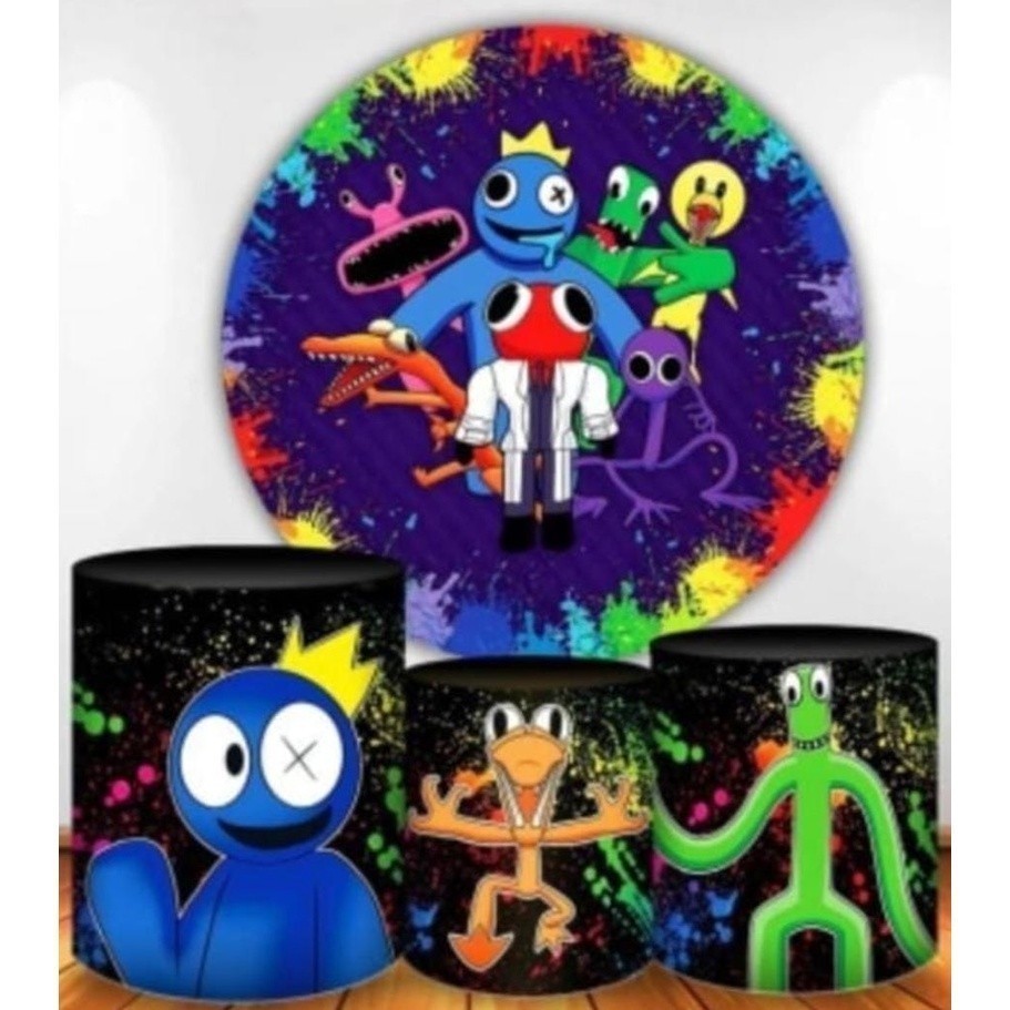 Kit painel redondo azul babão rainbow friends roblox jogo amigos arco iris com tres capas cilindros