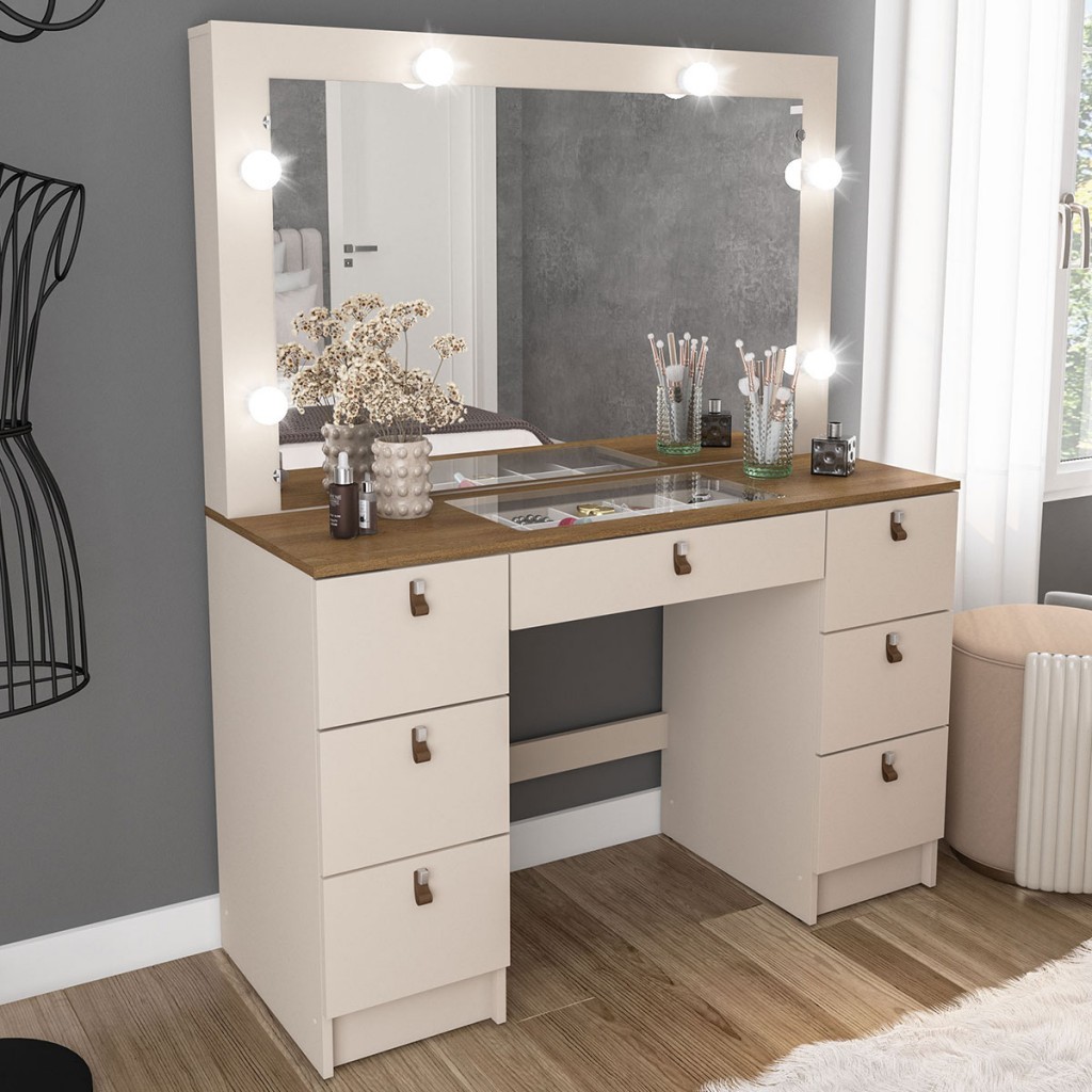 Penteadeira Camarim França 7 Gavetas com Vidro Off White/Freijó - Politorno em Oferta na Shopee