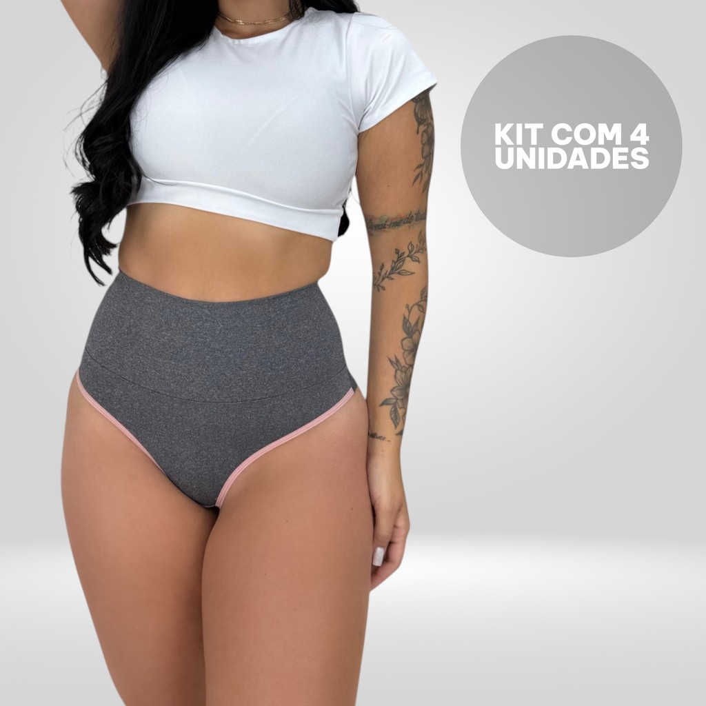KIT 4 Calcinhas Feminina Fio Duplo Fitness Cós Alto Conforto Compressão Modelagem Lingerie PREMIUM FORRO 100% ALGODÃO